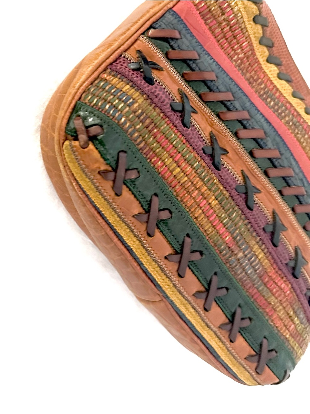 Sharif Multicolor Leather Woven Crossbody Bag in Tan, Red, Blue, Green - Picture 9 of 9